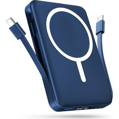 Batterie Externe avec MagSafe, 10000mAh Magnetique Power Bank  Deux Câbles USB-C Intégrés, 20W PD Charge Rapide, Affichage LED, Powerbank sans Fil pour 17/16/15/14/13/12 Séries (1/5)