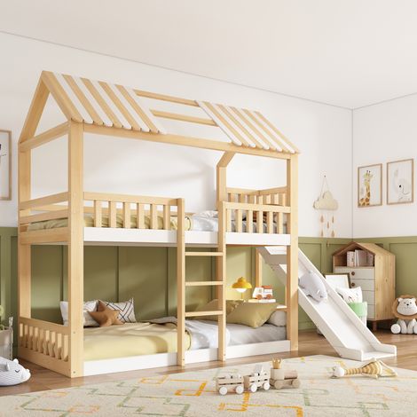 Lit superposé enfant 90/200 cm blanc et naturel en bois avec toit cabane, étagère et toboggan (1/5)