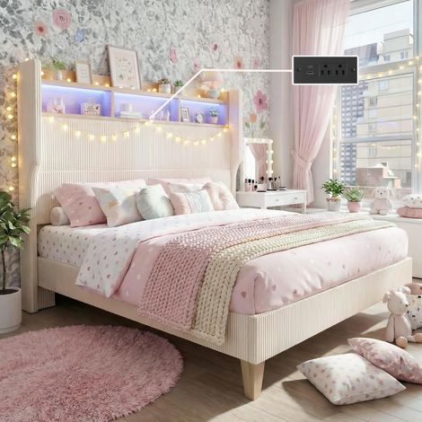 Lit 140x190 cm Patbrela - Cadre de lit tête haute 130 cm avec LED RGB réglable, station de charge, velours côtelé, étagère, Beige (1/5)