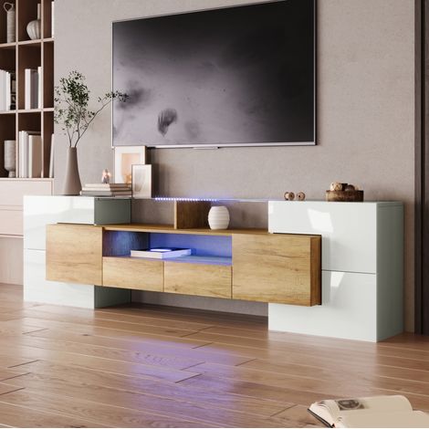 Mobile TV 200x35x60 cm bianco lucido e naturale in MDF con LED, 6 ante e 2 cassetti (1/5)