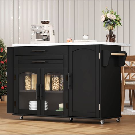 REDOM - Carro de cocina 120x45x90 cm, encimera abatible hasta 70 cm, 2 cajones, puertas de vidrio templado, MDF negro (1/5)
