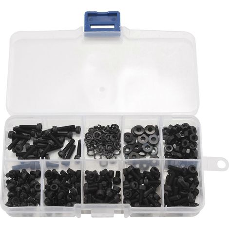 Kit d'outils M3 comprenant 300 boulons hexagonaux, écrous et rondelles, avec boîte en plastique (noir) (1/5)