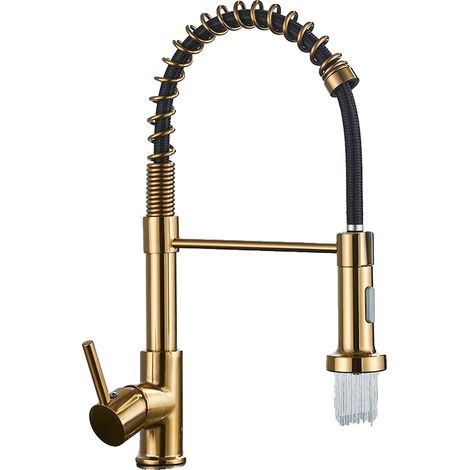 Rubinetto da cucina con doccetta estraibile, girevole a 360 gradi, spazzola dorata e tubo flessibile nero. (1/2)