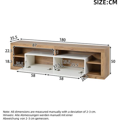 Meuble TV bas 180 cm avec éclairage LED via appli, 2 tiroirs et 4 niches ouvertes, support en panneaux de particules, charge max 30 kg, compatible écrans jusqu'à 75 pouces, finition chêne naturel et b (1/5)