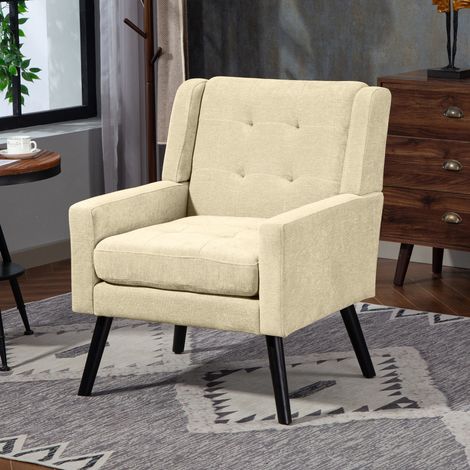 Canapé droit 2 places + Fauteuils – Pieds bois –Mousse haute densité – Assise et dossier rembourrés –Tissu beige – Pour petits espaces (1/5)