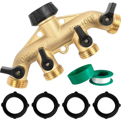 Raccord en laiton robuste à 4 voies pour tuyau d'arrosage, compatible avec les tuyaux de 3/4", avec 4 vannes et 4 sorties.