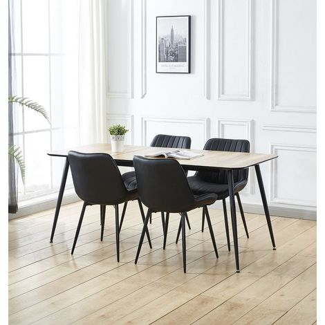 Hallowood Furniture Cullompton Dining Table and Chairs Set 4, 120-180cm Light Oak Effect Extendable Dining Table with Black Faux Leather Chairs for Modern Home and Cafe (1/5)