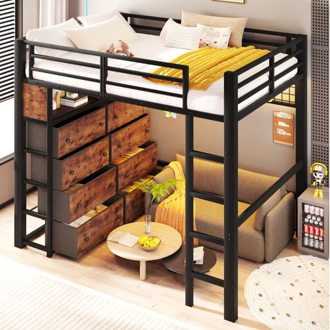 Lit mezzanine 140x200 cm avec 8 tiroirs, lit enfant adulte LED, étagères et panneau perforé, MDF et métal, noir (1/5)