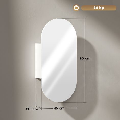 Miroir de salle de bain ovale moderne avec armoire et deux étagères, 45 x 90 cm, blanc (1/5)