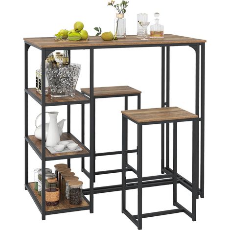 COSTWAY Set 3 Pezzi Tavoli da Bar per 2 Persone, Tavolo da Pranzo con 2 Sgabelli, 3 Ripiani Portaoggetti, Banco Pub e Sedie per Appartamento Piccolo, Cucina e Soggiorno,110 x 60 x 110 cm (1/5)