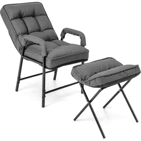 COSTWAY Poltrona Imbottita con Pouf Poggiapiedi Pieghevole, Schienale Alto Reclinabile a 5 Posizioni, Poltroncina Sedia Sdraio in Lino, Poltrona Moderna con Braccioli da Soggiorno Ufficio (grigio) (1/5)