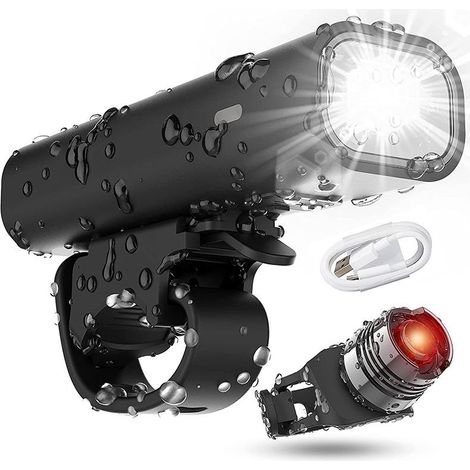 Kit Éclairage Vélo (Feux Avant et Arrière), Lampe LED Cyclisme, 2 Modes d'Éclairage, Rechargeable USB, Étanche, 400 Lumens (1/5)