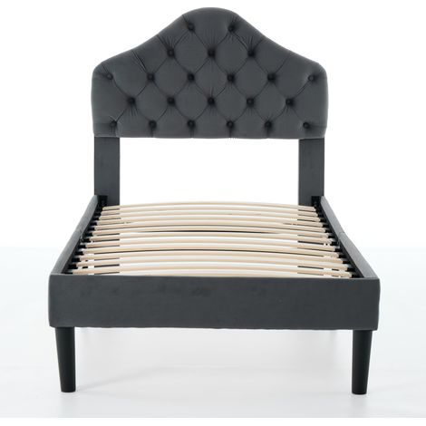 CAIziLit plateforme 90x200, velours gris, tête de lit réglable, lattes bois (1/5)