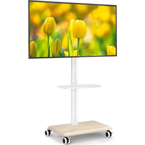 Support TV roulettes Blanc Pied TV pour Télé de 27-55 Pouces, Réglable en Hauteur et Pivotant Support TV sur Pied avec roulettes Meuble Support TVs avec Base en Bois VESA Max 400x400mm Max 30kg