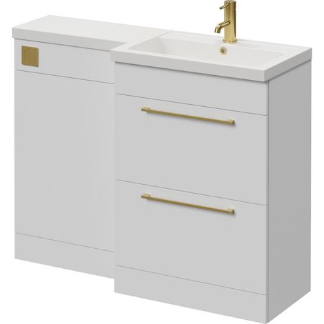 Napoli 390 Gloss White 1100mm 2 Drawer Vanity Unit Toilet Suite with Square Right Hand Lucia Basin - 1100mm - Brushed Brass 320mm HandleWithout Kingston Toilet Pan