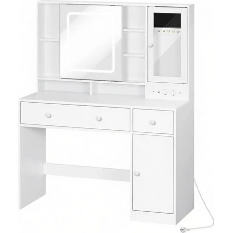 Table de rangement polyvalente, table de toilette avec étagère réglable en hauteur, table de toilette avec prise (table de maquillage uniquement)