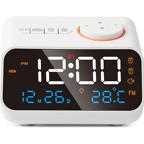 Sveglia multifunzione con radio FM, orologio digitale a LED ricaricabile con indicatore di temperatura/umidità, controllo vocale e luminosità regolabile. (1/4)