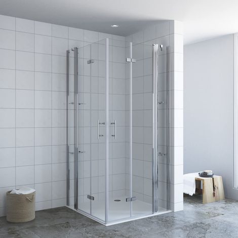 Duschkabine Eckeinstieg Doppeltür Falttüren mit Festteilen für Duschwanne Dusche Drehfalttür rahmenlose Nano Glas Größe 11. 95x140x197cm Eckduschwand mit Eckablage (1/5)