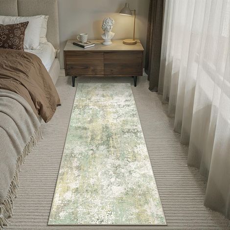 Tapis de couloir antidérapant et moderne à poils courts doux - Motif abstrait - 60 x 180 cm - Pour salon, chambre à coucher, balcon, couloir, cuisine, salle à manger, bureau - Vert (1/5)
