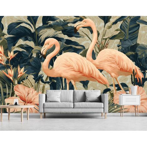 Fototapete Flamingos Blätter Blumen Grün, für Wohnzimmer und Schlafzimmer, 150 x 105 cm – Komplettset inkl. Kleister & Anleitung (1/5)