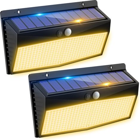 Paquete de 2 luces solares para exteriores con sensor de movimiento, 368 LED de pared, 3 modos, IP65, resistente al agua, luz blanca (1/5)