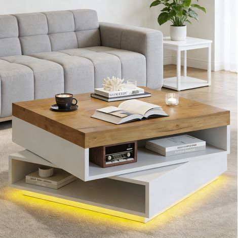 Couchtisch 65x65x40 cm Weiß und Holz, 360° drehbare Platte, LED, offener Stauraum, MDF (1/5)