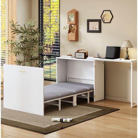 Lit escamotable moderne 90x200 cm métal et bois blanc, avec bureau pivotant, roulettes et matelas inclus