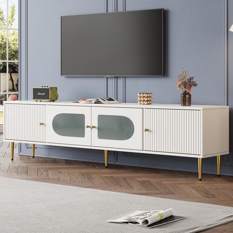 Meuble TV élégant 170 x 35 x 50 cm – Structure blanche, pieds et poignées dorés, 2 portes à rainures verticales, 2 portes vitrées cintrées, capacité de charge 35 kg.