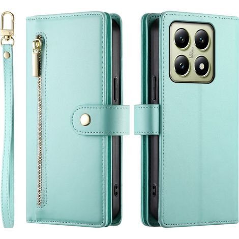 Custodia a libro per Xiaomi 14T, con portafoglio e tasca con cerniera, colore verde. (1/5)