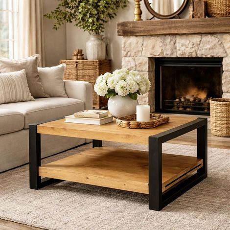 Table basse carrée double plateau bois clair métal noir MILORA (1/4)