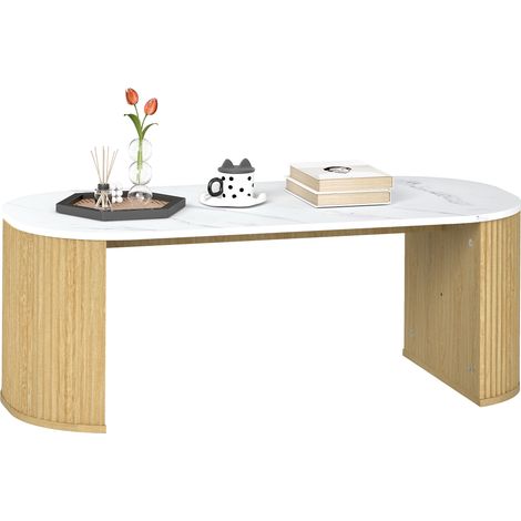 Mesa de centro ovalada, mesa auxiliar con efecto mármol, esquinas redondeadas, patas gruesas, 110 x 50 x 40 cm, blanca. (1/5)