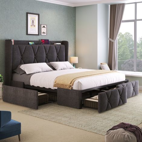 Letto matrimoniale imbottito 140x200 cm con testiera, 4 cassetti, mensole, porta e prese USB, tessuto grigio (1/5)