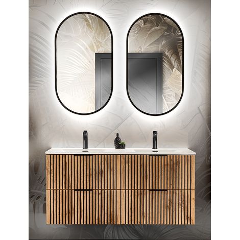 Badmöbel Set Doppelwaschtisch 120 cm mit LED Spiegel XANTEN-56 in anthrazit mit Eiche Nb. schwarz gerillt, B/H/T: ca. 121/200/46 cm (1/5)