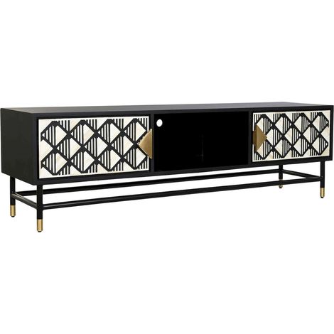 Meuble TV élégant résine noire motifs géométriques - Noir avec motifs géométriques en gris et blanc (1/5)