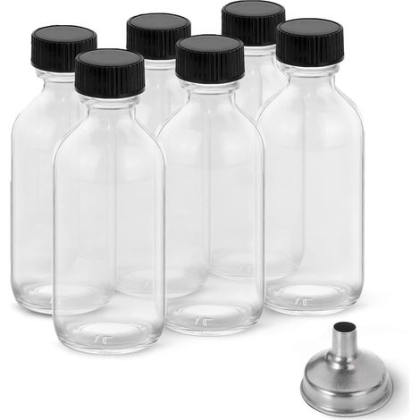 Lot de 6 bouteilles à shot, verre 60 ml, bouchons étanches, entonnoir acier inoxydable, voyage, huiles, jus (1/5)