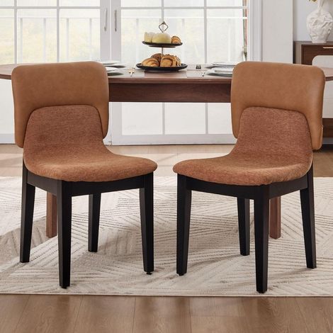 Lot de 2 chaises de salle à manger patchwork PU cuir et tissu chenille, pieds bois marron (1/5)