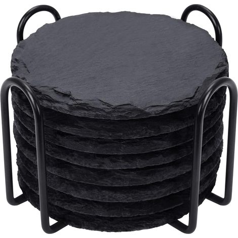 Sous-verres en ardoise avec porte-sous-verres métallique, set de 8 sous-verres noirs, set de sous-verres en pierre de 4 pouces : protection de plateau de table pour cuisine domestique, appartement, ba (1/4)