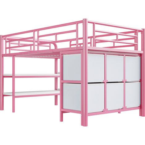 Cama alta infantil de metal 90 x 200 cm rosa con almacenaje, escalera ancha y estantes (1/5)