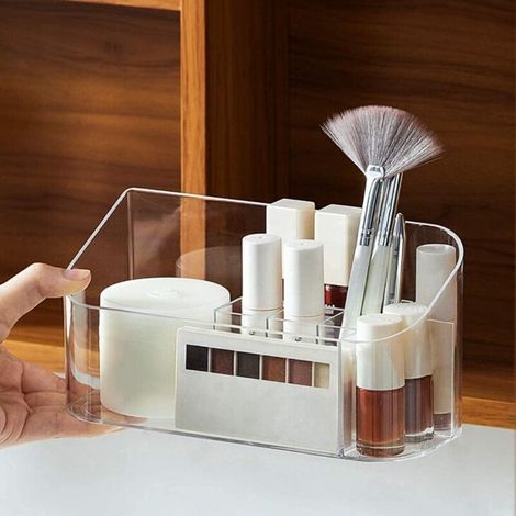 Plateau de rangement de maquillage avec 9 compartiments et 2 séparateurs amovibles pour gloss à lèvres - Transparent