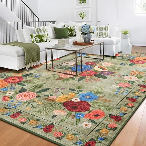 Tapis Lavable Salon 120x180cm Antidérapant Sol Style Boho Poil Bas Doux Vintage Floral Motif Chambre Cuisine Entrée Salle Détente Dessous Lit Dortoir Décoration (1/5)