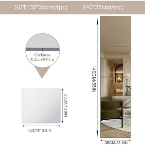 Autocollants miroir acrylique pour murs, 35 x 35 cm, miroirs muraux incassables, miroirs adhésifs, maquillage, maison, entraînement, salle de sport, couloir, carrelage (1/4)