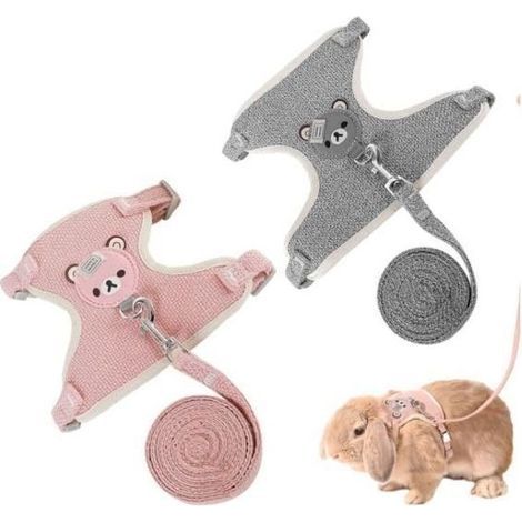 2-teiliges Zwergkaninchen-Geschirrset, verstellbare Leine für Kaninchen und andere Kleintiere (Grau, Rosa) (1/4)