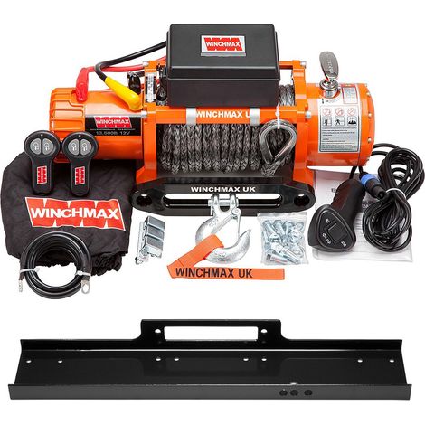 13,500lb (6,123kg) Original Orange 12v Electric Winch. 28 x 11mm Dyneema Rope, Flat Bed Mounting Plate