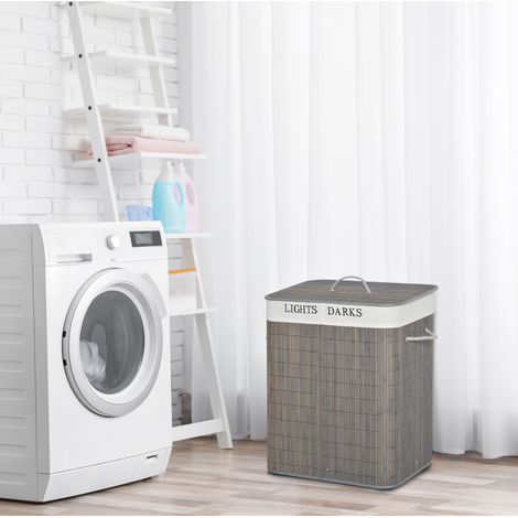 Panier à linge en bambou gris 100 L avec 2 compartiments, couvercle pliable et sac amovible lavable (1/5)