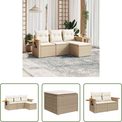 Gartenmöbel - 4-tlg. Garten-Sofagarnitur mit Kissen Beige Poly Rattan (1/5)