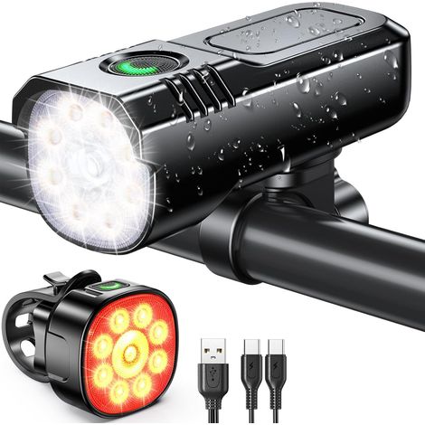 ISEYOU Fahrradlicht, [8+7 Modi und 9+9 leistungsstarke LEDs], USB-aufladbar, für Vorder- und Rücklicht, IP65 wasserdicht, kompatibel mit Fahrrädern, Mountainbikes, Motorrädern und Rollern (Scheinwerfe (1/5)