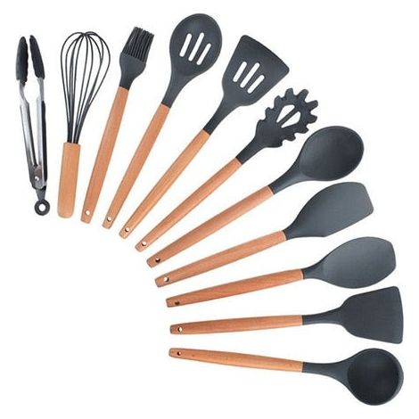 Ensemble d'ustensiles de cuisine en silicone 11 pièces, spatule et pelle à manche en bois, gris foncé (1/5)