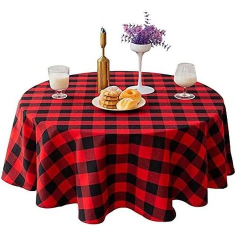 RHG Nappes,Nappe ronde à carreaux de 140 cm pour table de mariage, cuisine, salle à manger, rouge et noir (1/5)