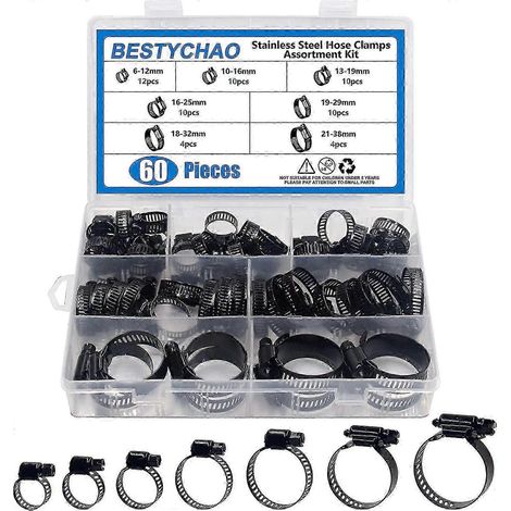Assortiment de 60 colliers de serrage à vis sans fin en acier inoxydable avec plage de réglage de 6 à 38 mm (noir) (1/5)