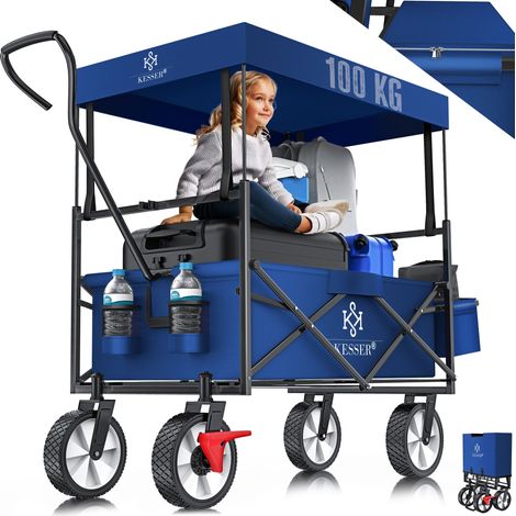 KESSER® Carro de mano plegable con techo Carro de mano Carro de transporte Carro portaequipajes incl. 2 bolsillos de rejilla y un bolsillo exterior plegable neumáticos de goma maciza azul/marino